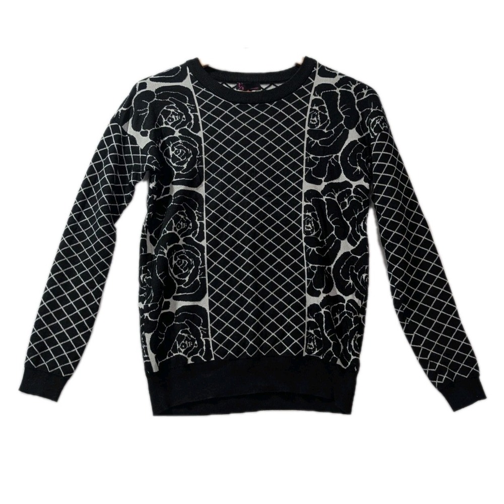 T/O Black White Floral Diamond Knit Sweater Y2K Women's Small